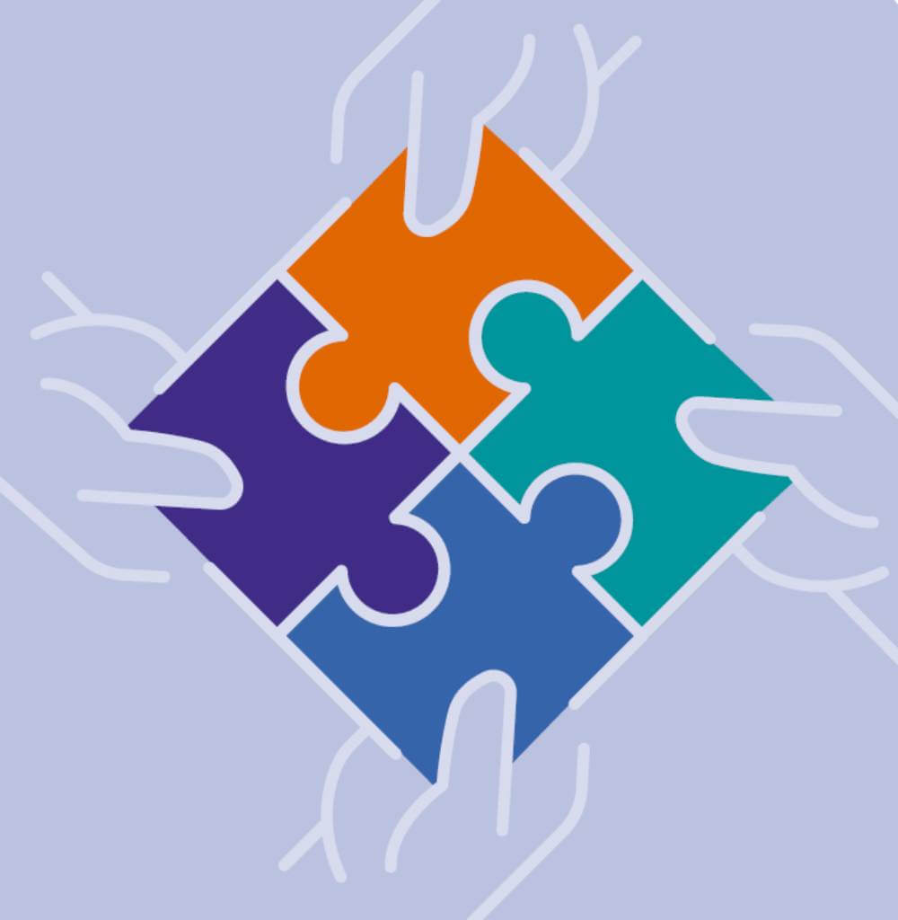 Vier Puzzleteile, die von vier Händen zusammengehalten werden